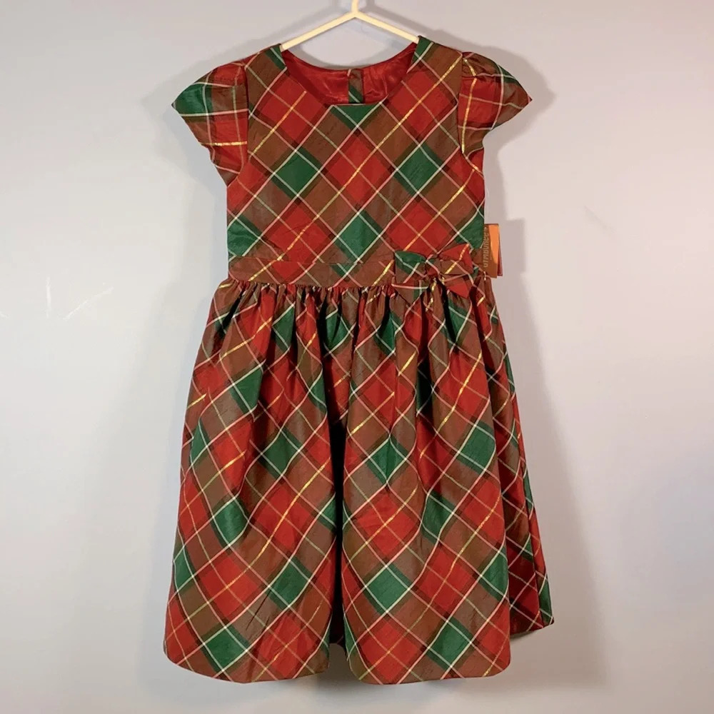 Gymboree size 10 holiday traditions cap sleeve dress green red gold Christmas
